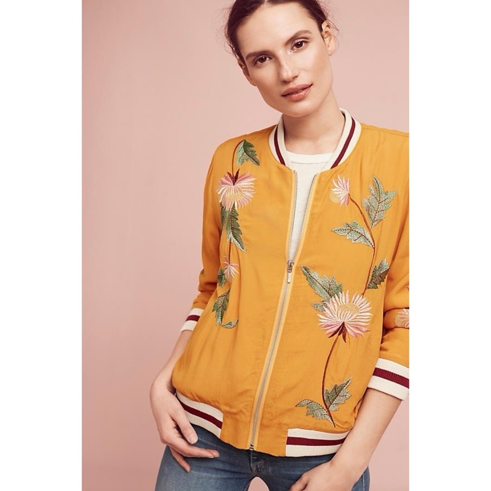Anthropology Elevenses Embroidered Bomber Jacket Floral Mustard Yellow Size S